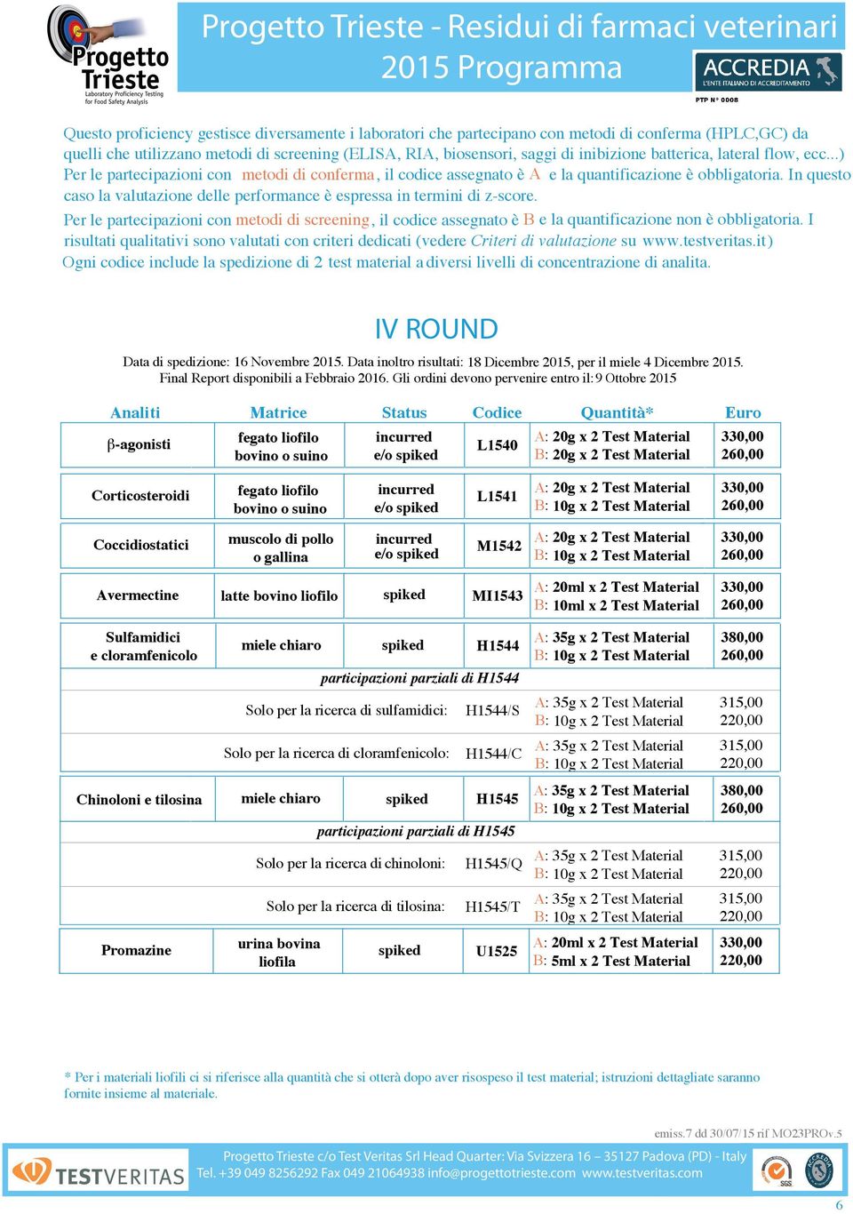 In questo caso la valutazione delle performance è espressa in termini di z-score. Per le partecipazioni con metodi di screening, il codice assegnato è B e la quantificazione non è obbligatoria.