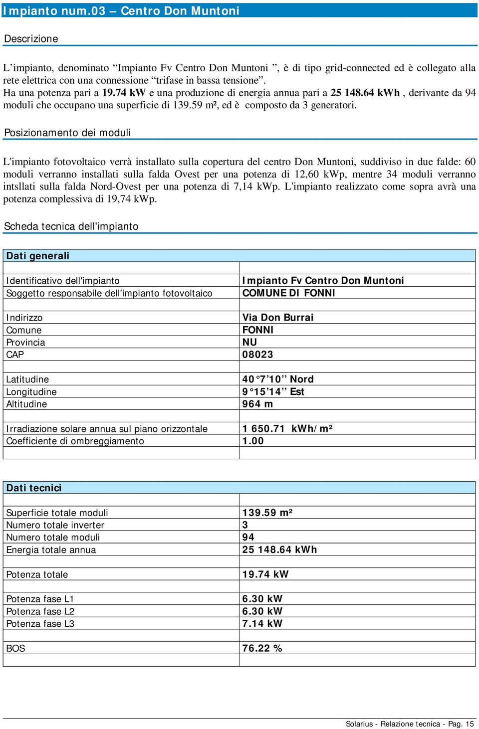 Ha una potenza pari a 19.74 kw e una produzione di energia annua pari a 25 148.64 kwh, derivante da 94 moduli che occupano una superficie di 139.59 m², ed è composto da 3 generatori.