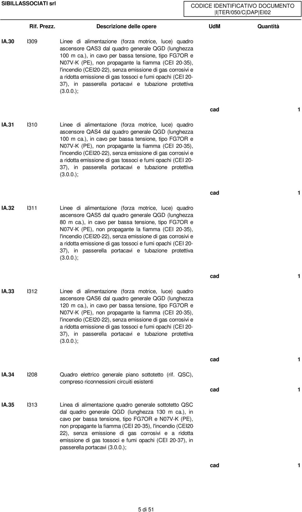 opachi (CEI 20-37), in passerella portacavi e tubazione protettiva (3.0.0.); IA.31 I310 Linee di alimentazione (forza motrice, luce) quadro ascensore QAS4 dal quadro generale QGD (lunghezza 100 m ca.