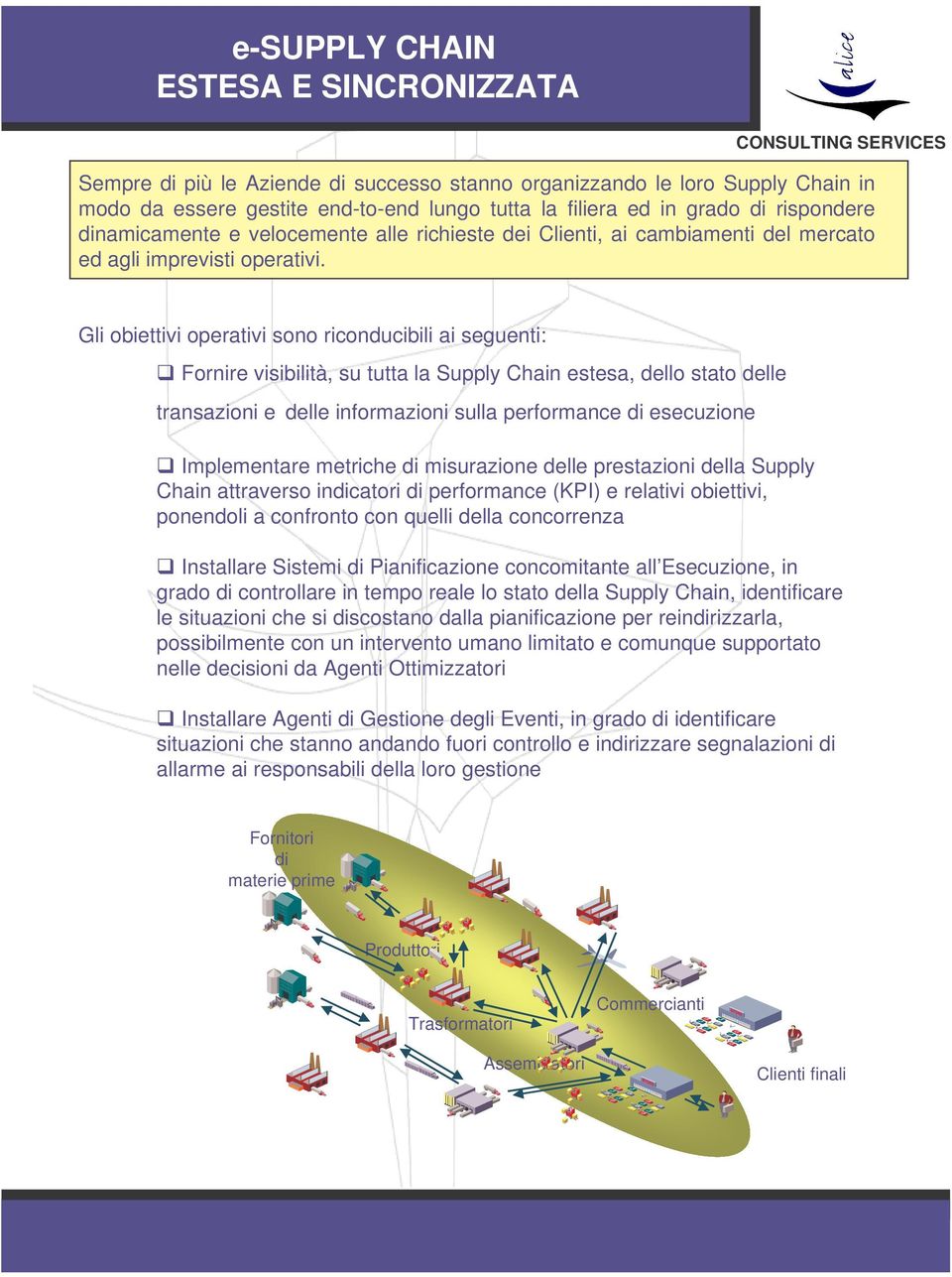 Gli obiettivi operativi sono riconducibili ai seguenti: Fornire visibilità, su tutta la upply Chain estesa, dello stato delle transazioni e delle informazioni sulla performance di esecuzione