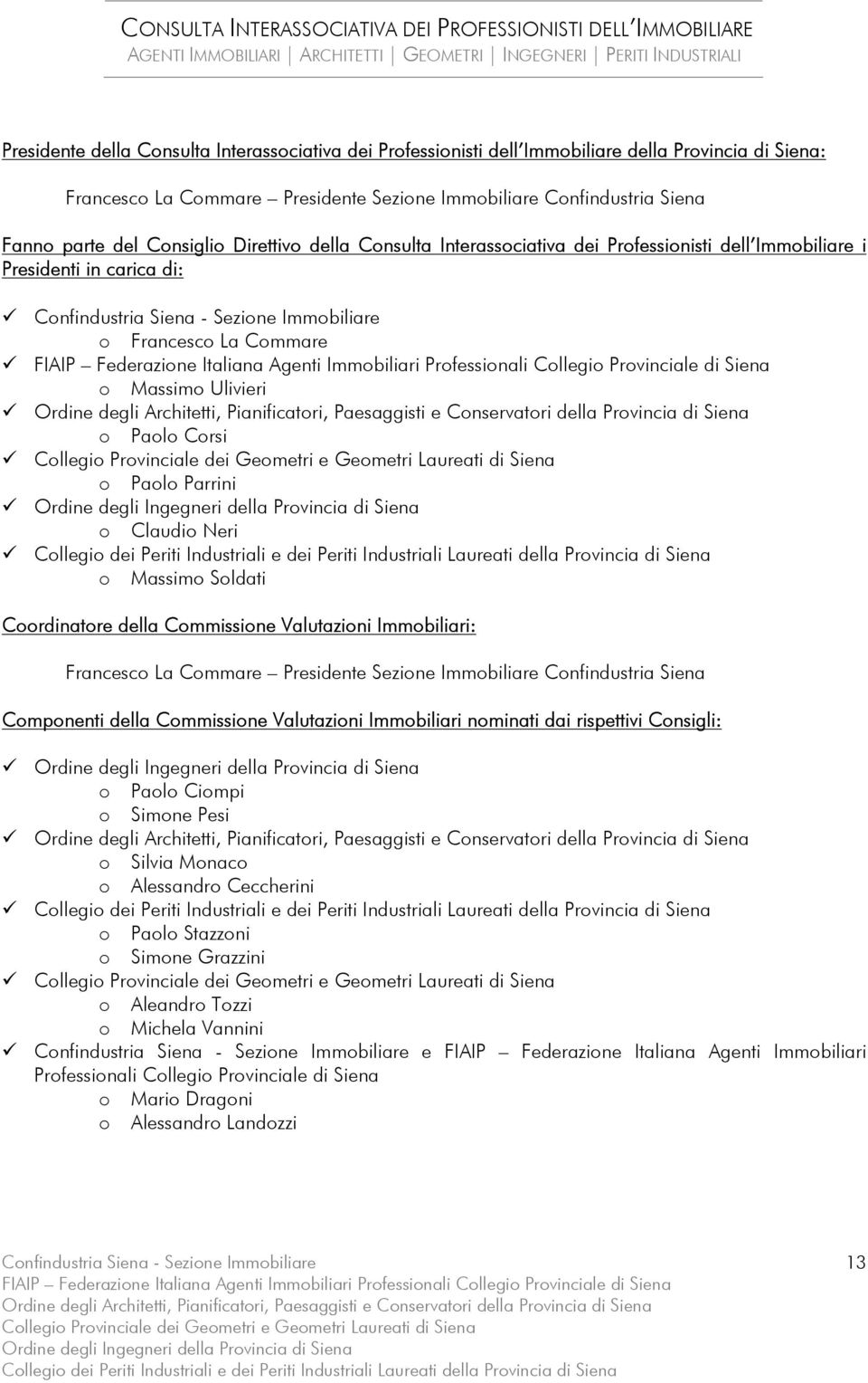 Neri o Massimo Soldati Coordinatore della Commissione Valutazioni Immobiliari: Francesco La Commare Presidente Sezione Immobiliare Confindustria Siena Componenti della Commissione Valutazioni