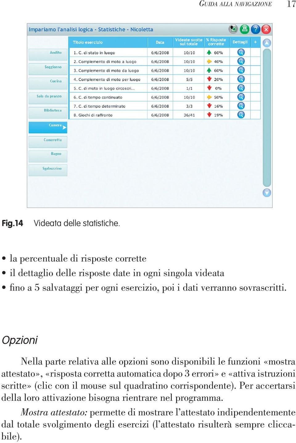 Opzioni Nella parte relativa alle opzioni sono disponibili le funzioni «mostra attestato», «risposta corretta automatica dopo 3 errori» e «attiva istruzioni scritte»