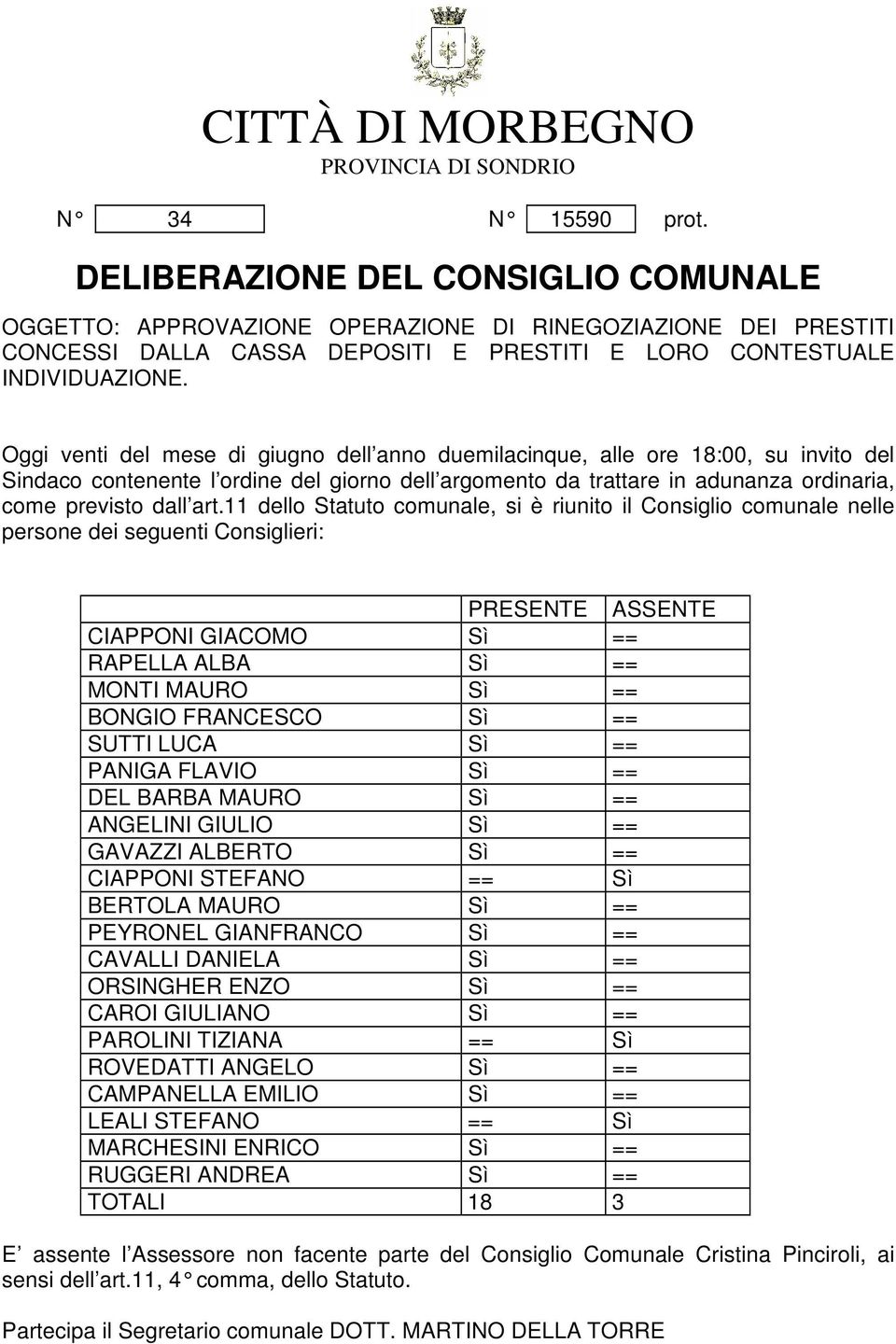 Oggi venti del mese di giugno dell anno duemilacinque, alle ore 18:00, su invito del Sindaco contenente l ordine del giorno dell argomento da trattare in adunanza ordinaria, come previsto dall art.