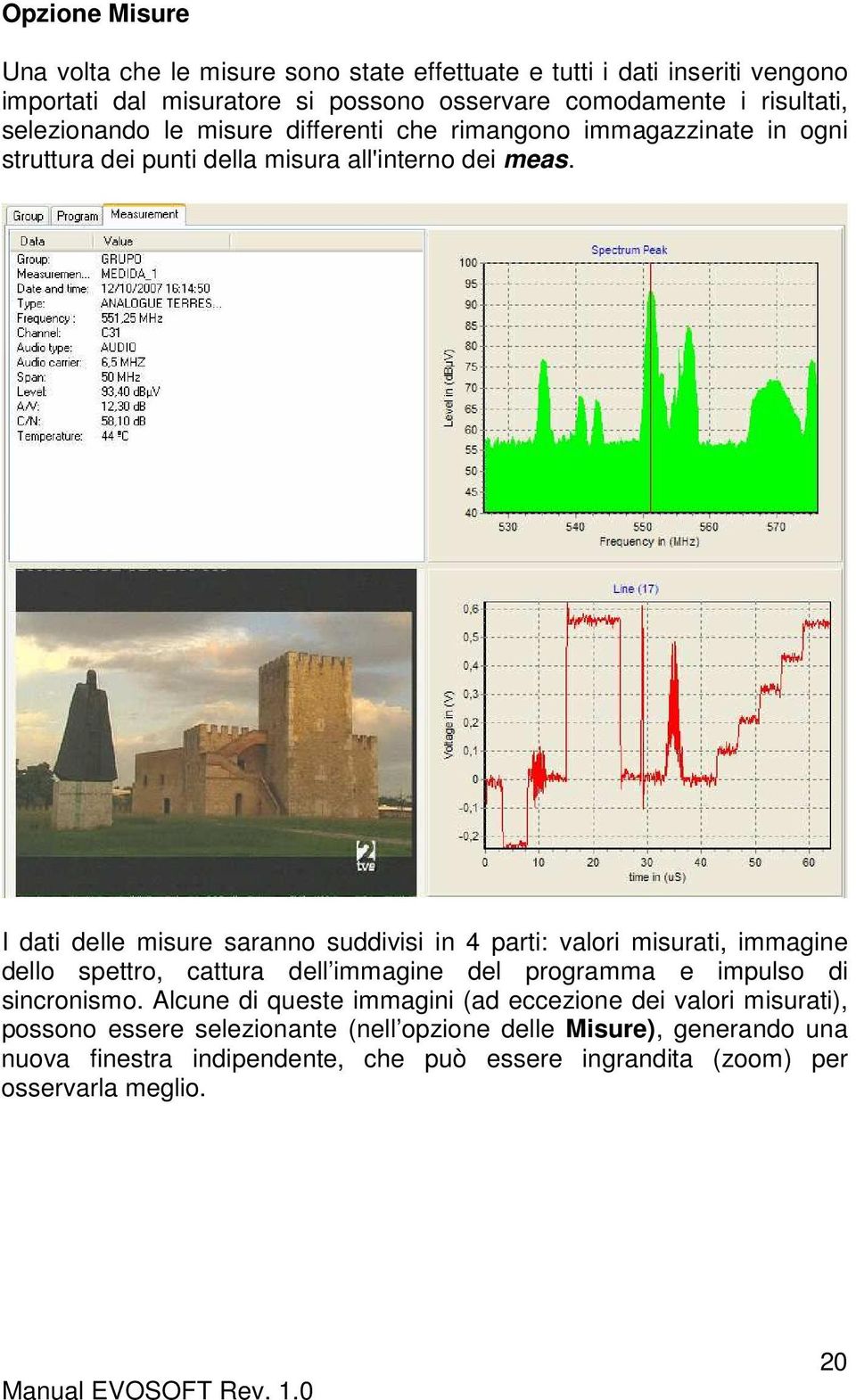 I dati delle misure saranno suddivisi in 4 parti: valori misurati, immagine dello spettro, cattura dell immagine del programma e impulso di sincronismo.