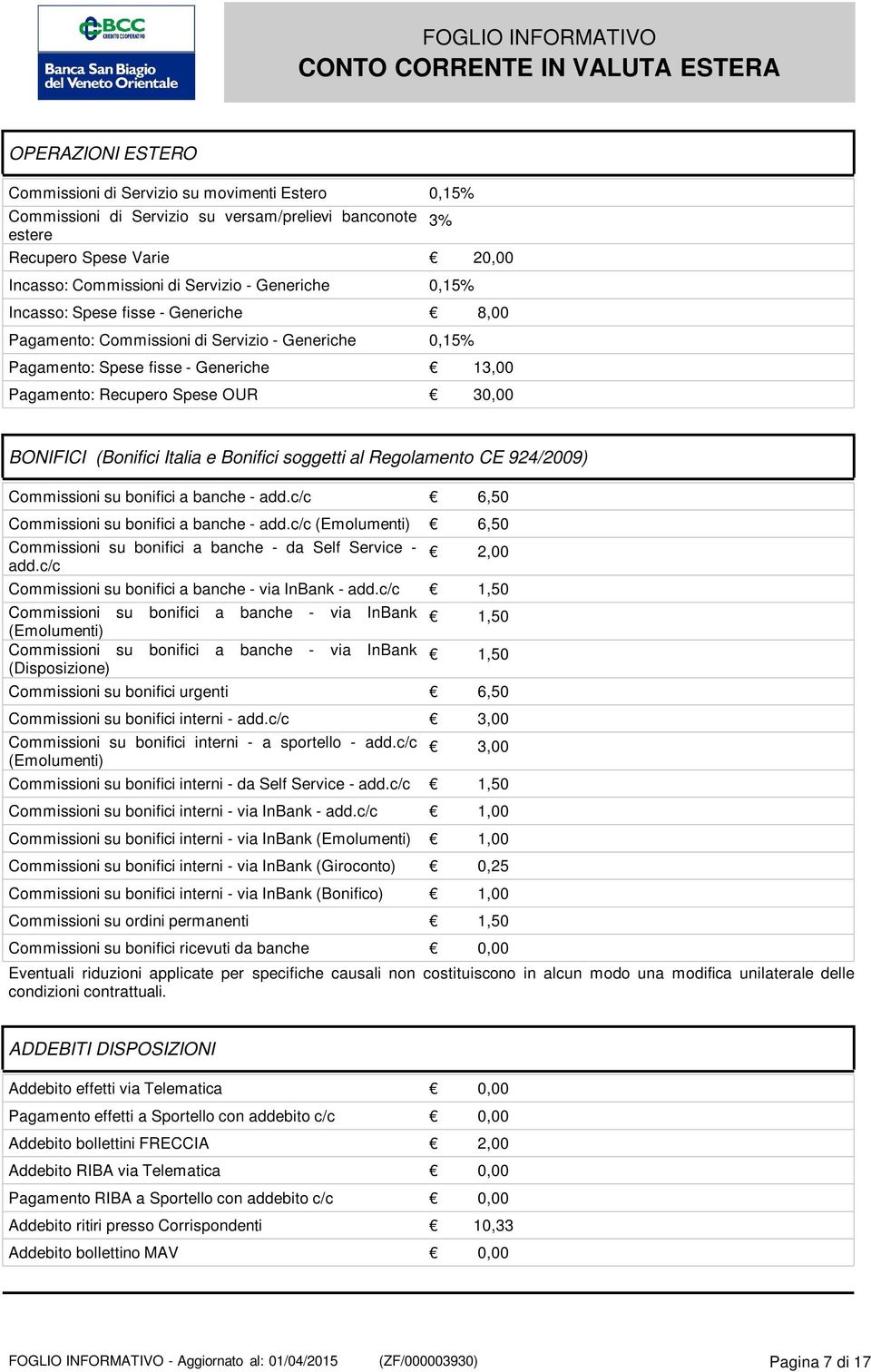 Italia e Bonifici soggetti al Regolamento CE 924/2009) Commissioni su bonifici a banche - add.c/c 6,50 Commissioni su bonifici a banche - add.