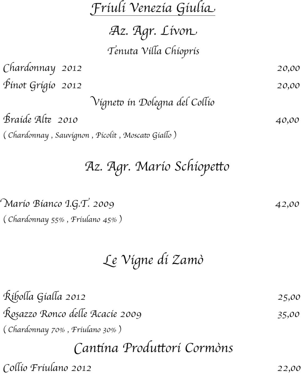 2010 40,00 ( Chardonnay, Sauvignon, Picolit, Moscato Giallo ) Az. Agr. Mario Schiopetto Mario Bianco I.G.T.