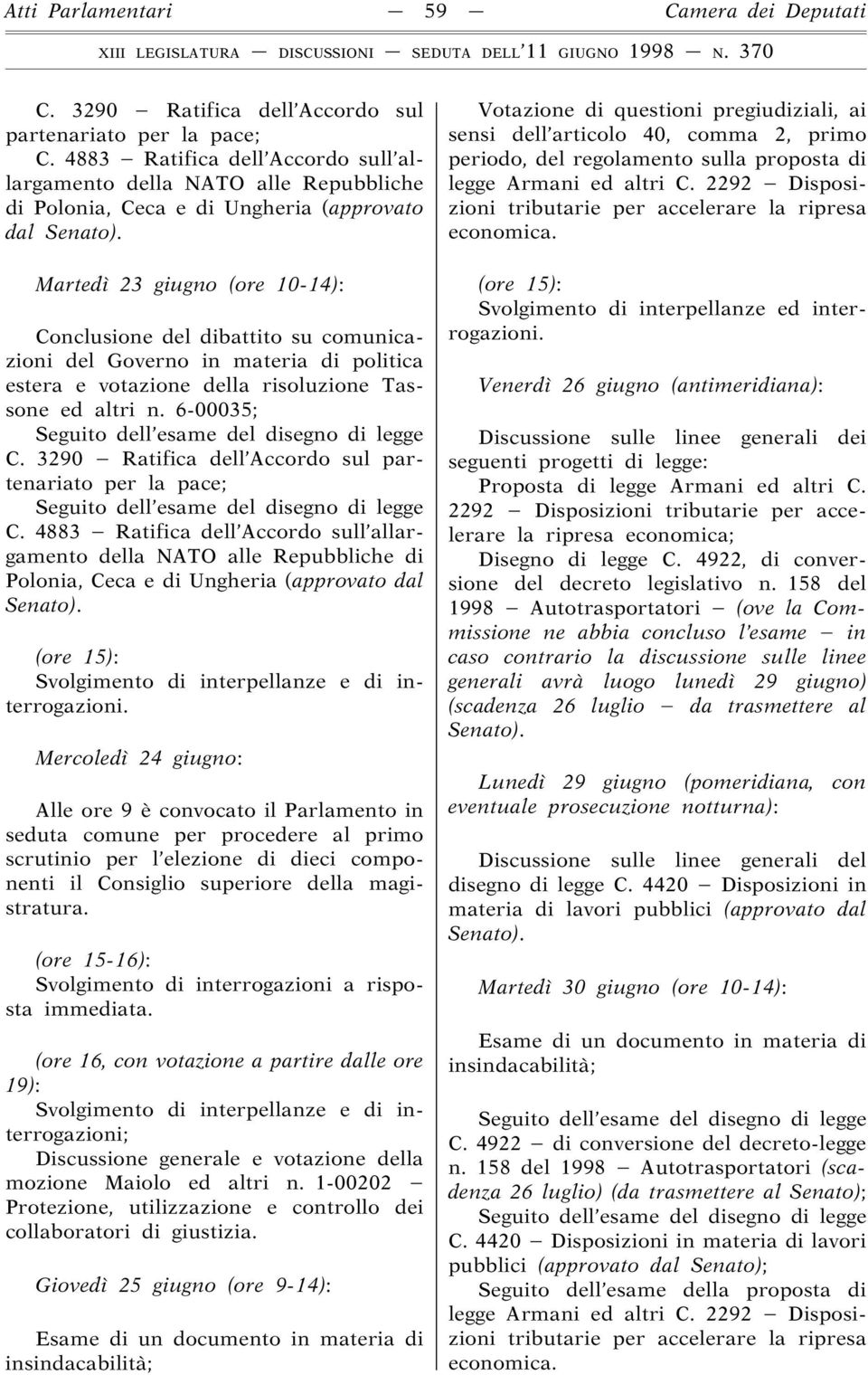 Martedì 23 giugno (ore 10-14): Conclusione del dibattito su comunicazioni del Governo in materia di politica estera e votazione della risoluzione Tassone ed altri n.