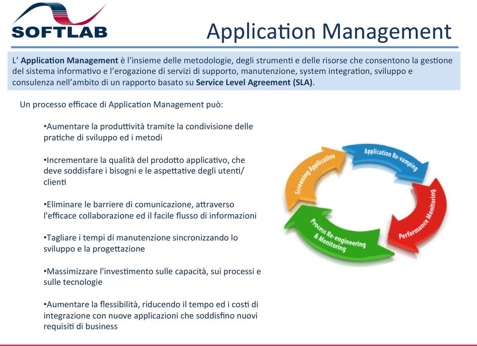 on Management può: Aumentare la produvvità tramite la condivisione delle pra?che di sviluppo ed i metodi Incrementare la qualità del prododo applica?vo, che deve soddisfare i bisogni e le aspeda?