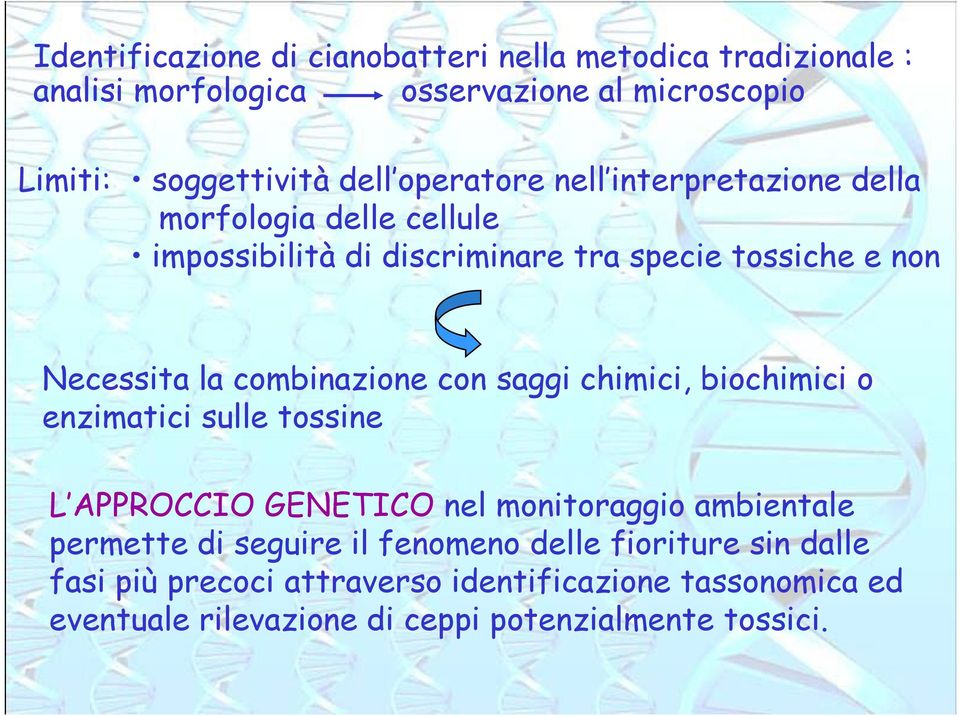 combinazione con saggi chimici, biochimici o enzimatici sulle tossine L APPROCCIO GENETICO nel monitoraggio ambientale permette di seguire