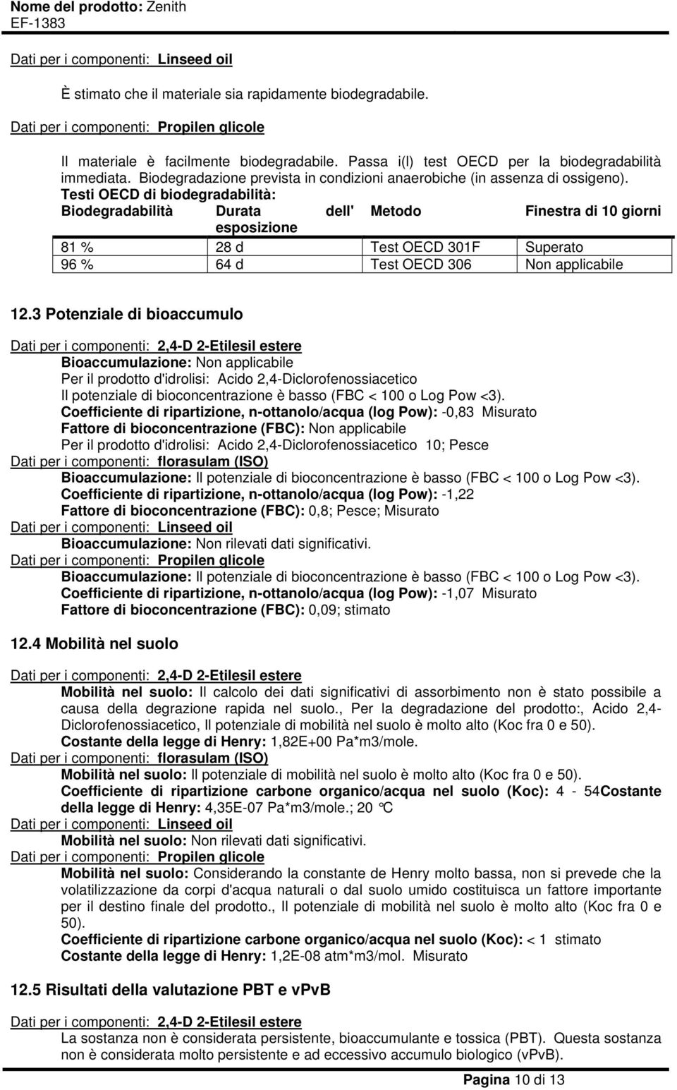 Testi OECD di biodegradabilità: Biodegradabilità Durata dell' Metodo Finestra di 10 giorni esposizione 81 % 28 d Test OECD 301F Superato 96 % 64 d Test OECD 306 Non applicabile 12.