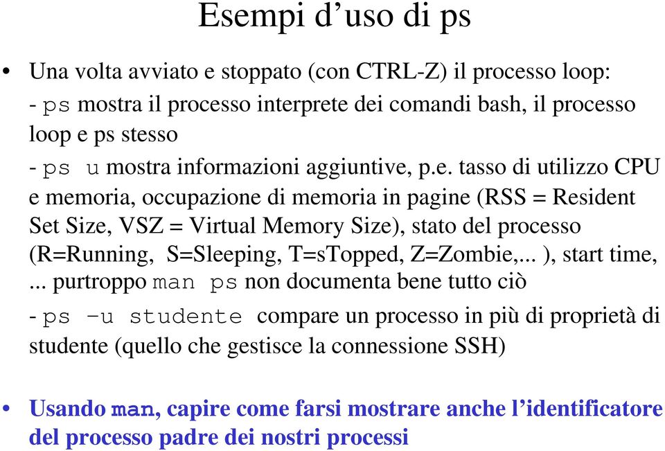 p.e. tasso di utilizzo CPU e memoria, occupazione di memoria in pagine (RSS = Resident Set Size, VSZ = Virtual Memory Size), stato del processo (R=Running,