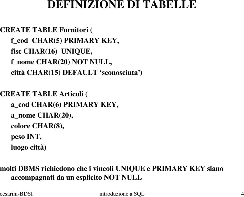 PRIMARY KEY, a_nome CHAR(20), colore CHAR(8), peso INT, luogo città) molti DBMS richiedono che i