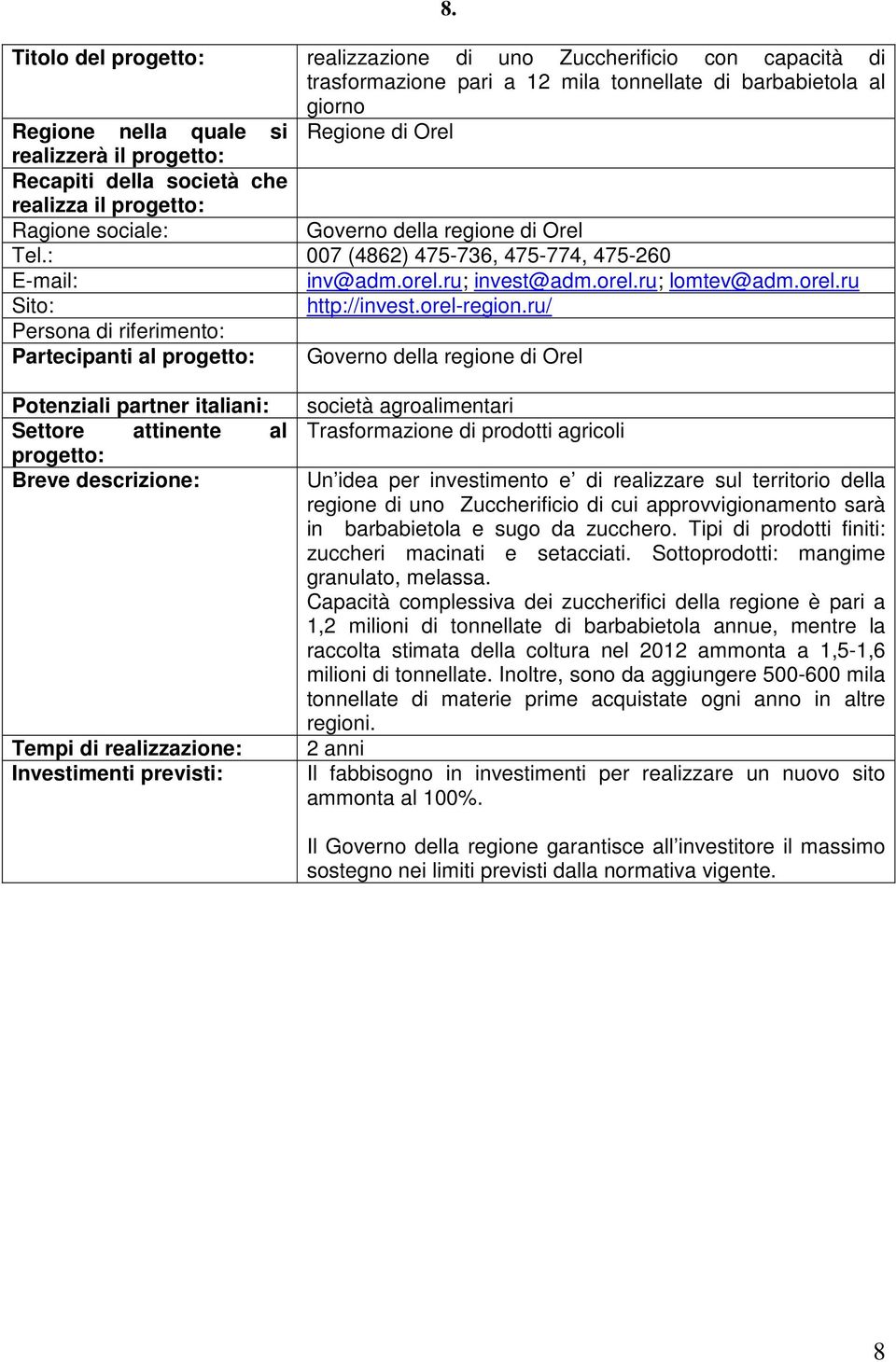 ru/ Partecipanti al Governo della regione di Orel Tempi di realizzazione: società agroalimentari Trasformazione di prodotti agricoli Un idea per investimento e di realizzare sul territorio della