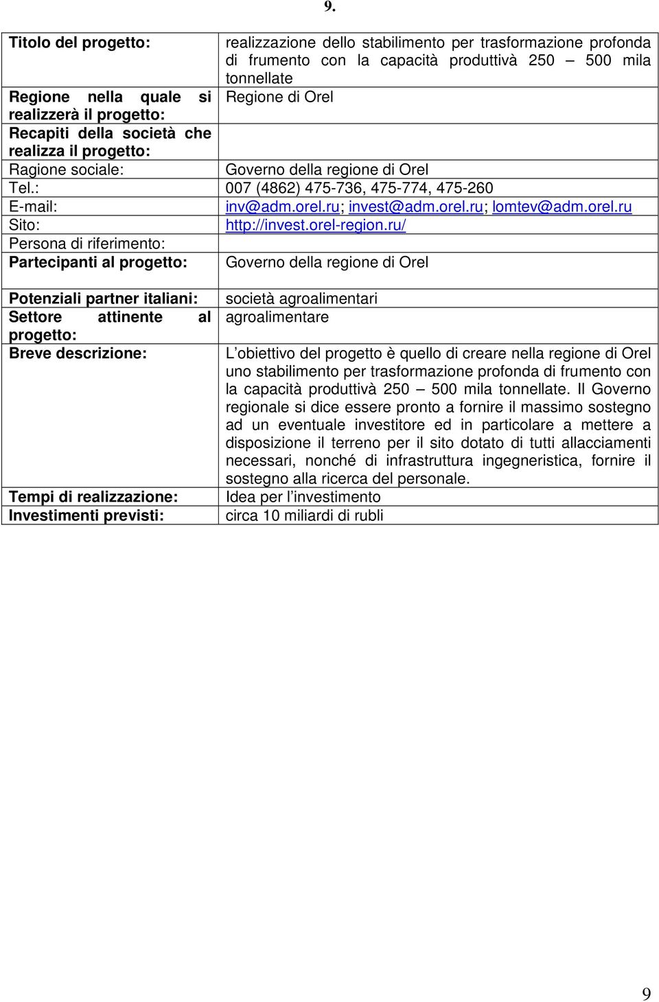 ru/ Partecipanti al Governo della regione di Orel Tempi di realizzazione: società agroalimentari agroalimentare L obiettivo del progetto è quello di creare nella regione di Orel uno stabilimento per