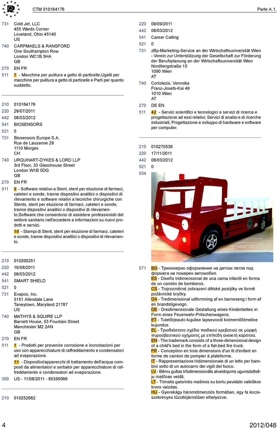 macchine per pulitura a getto di particelle e Parti per quanto suddetto. 1164176 29/7/211 BIOSENSORS Biosensors Europe S.A.