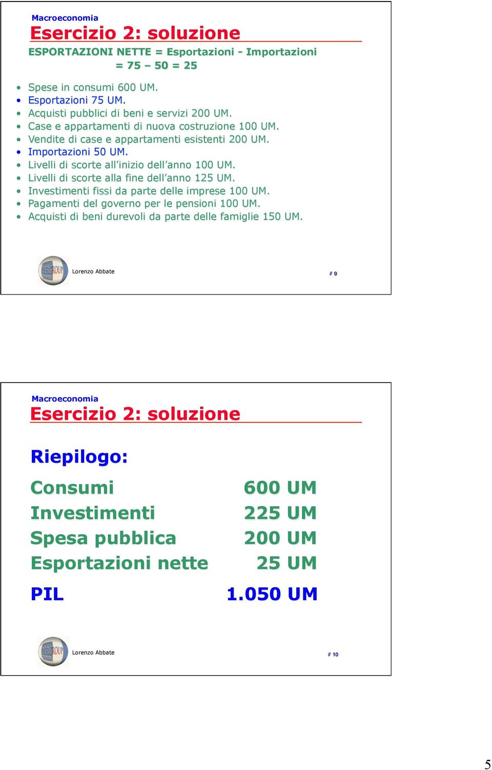 Livelli di scorte alla fine dell anno 125 UM. Investimenti fissi da parte delle imprese 100 UM. Pagamenti del governo per le pensioni 100 UM.