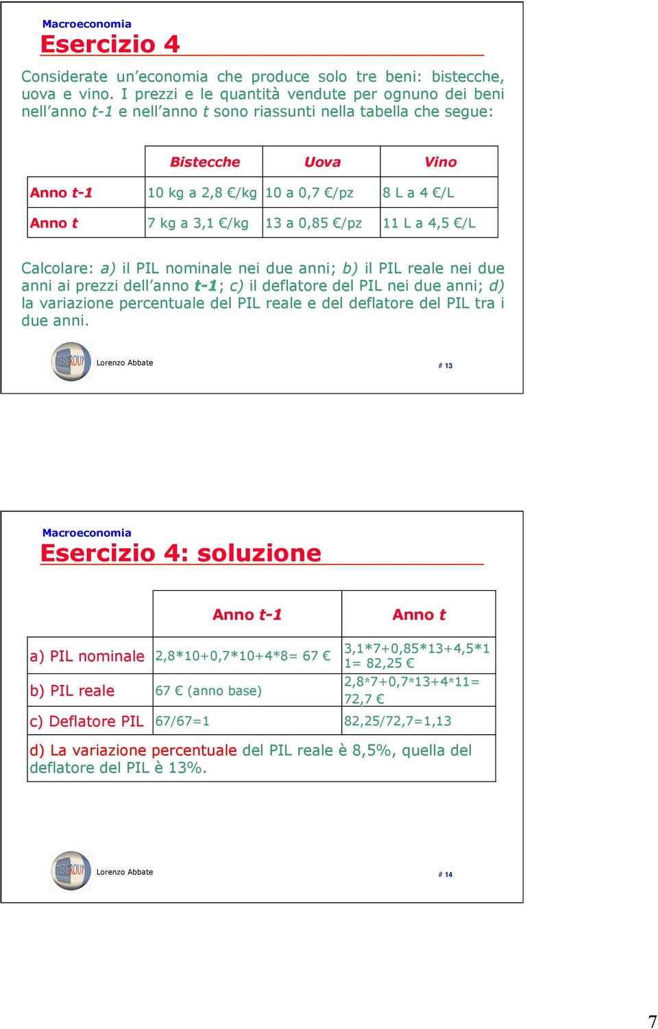 a 3,1 /kg 13 a 0,85 /pz 11 L a 4,5 /L Calcolare: a) il PIL nominale nei due anni; b) il PIL reale nei due anni ai prezzi dell anno t-1; c) il deflatore del PIL nei due anni; d) la variazione