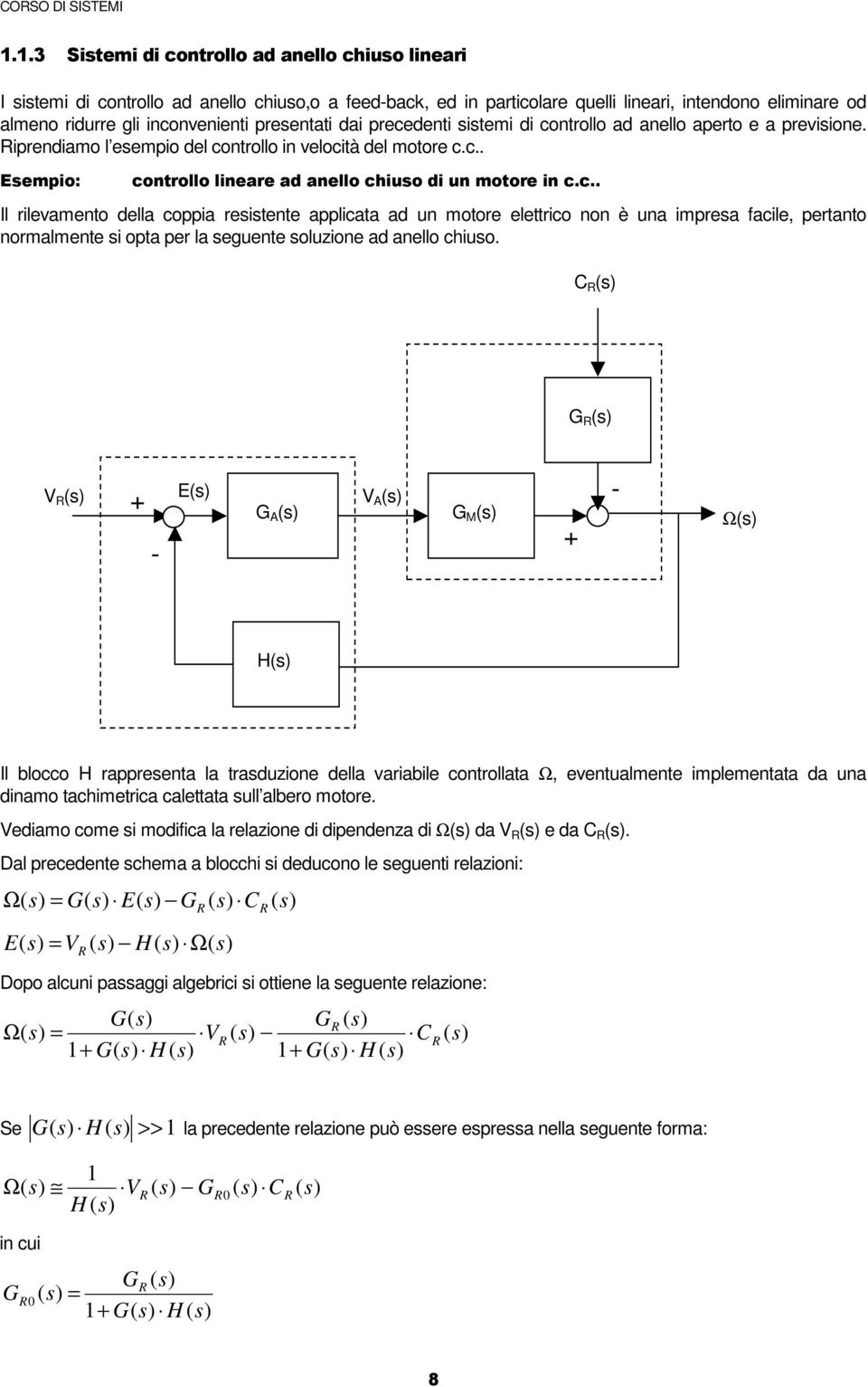 Il blocco H rappreenta la traduzione della variabile controllata Ω, eventualmente implementata da una dinamo tachimetrica calettata ull albero motore.