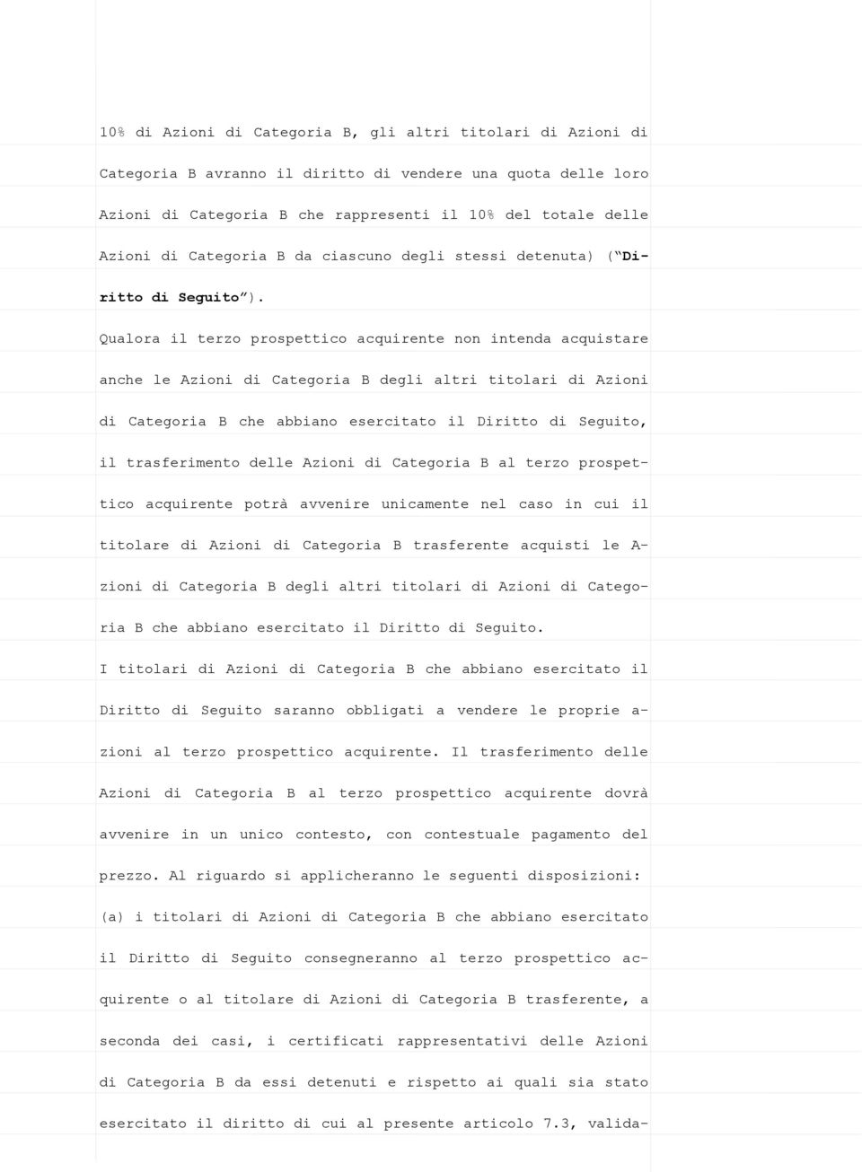 Qualora il terzo prospettico acquirente non intenda acquistare anche le Azioni di Categoria B degli altri titolari di Azioni di Categoria B che abbiano esercitato il Diritto di Seguito, il