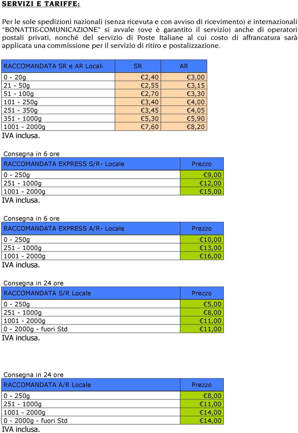 RACCOMANDATA SR e AR Locali SR AR 0-20g 2,40 3,00 21-50g 2,55 3,15 51-100g 2,70 3,30 101-250g 3,40 4,00 251-350g 3,45 4,05 351-1000g 5,30 5,90 1001-2000g 7,60 8,20 Consegna in 6 ore RACCOMANDATA