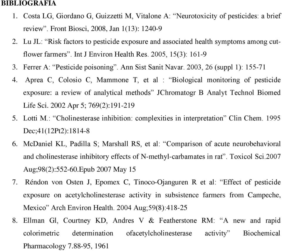 2003, 26 (suppl 1): 155-71 4. Aprea C, Colosio C, Mammone T, et al : Biological monitoring of pesticide exposure: a review of analytical methods JChromatogr B Analyt Technol Biomed Life Sci.