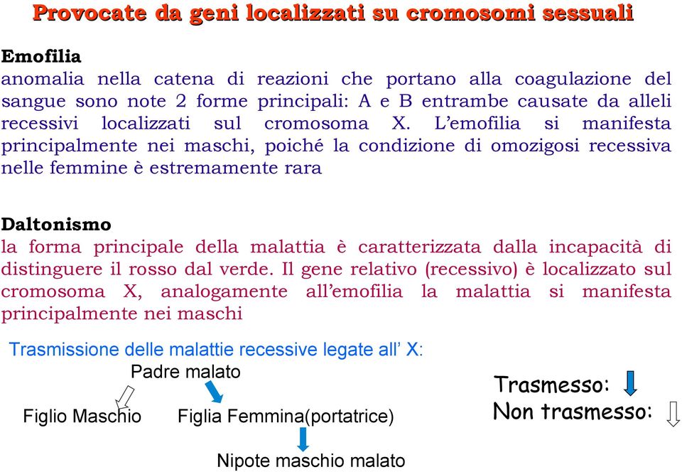 L emofilia si manifesta principalmente nei maschi, poiché la condizione di omozigosi recessiva nelle femmine è estremamente rara Daltonismo la forma principale della malattia è caratterizzata