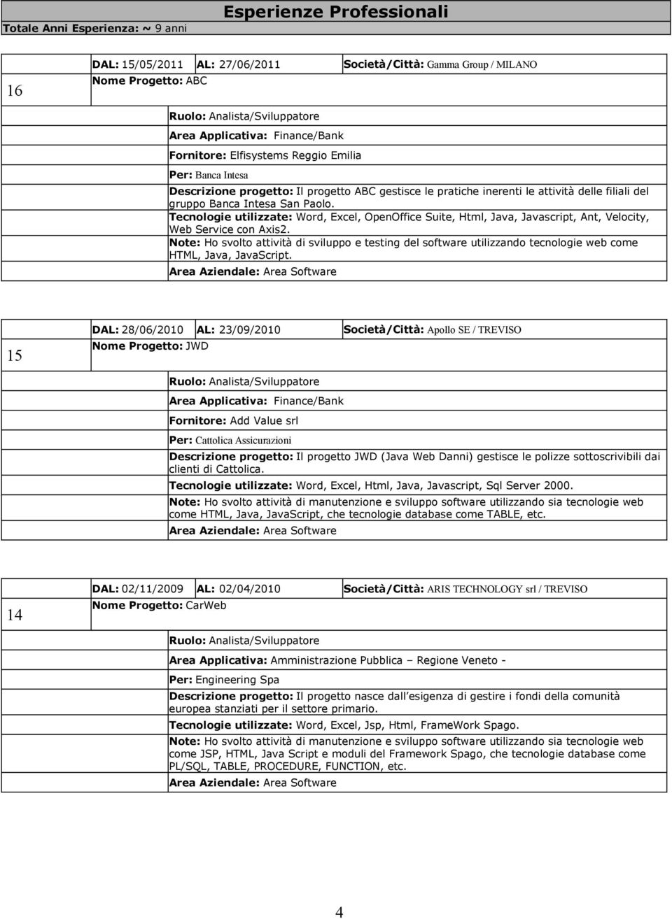 Tecnologie utilizzate: Word, Excel, OpenOffice Suite, Html, Java, Javascript, Ant, Velocity, Web Service con Axis2.