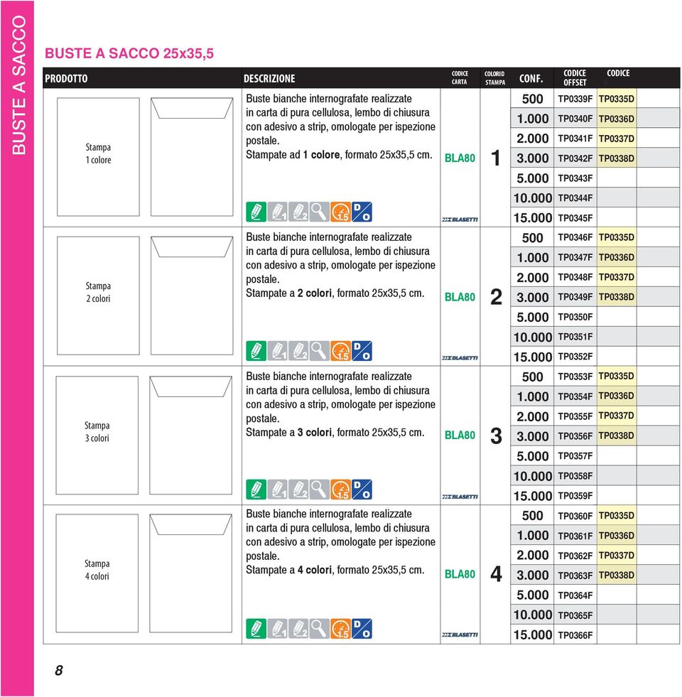 000 TP0F 5 TP05F colori Buste bianche internografate realizzate in carta di pura cellulosa, lembo di chiusura con adesivo a strip, omologate per ispezione postale. te a colori, formato 5x5,5 cm.