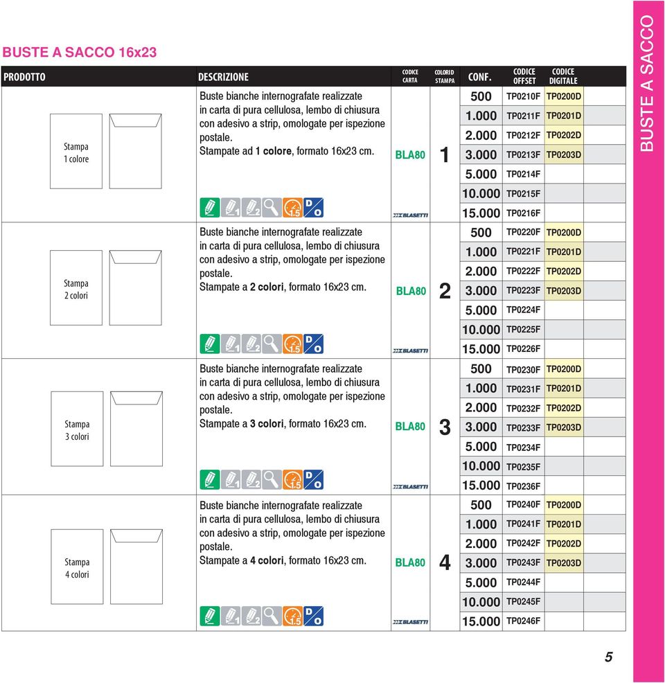 000 TP05F 5 TP06F colori Buste bianche internografate realizzate in carta di pura cellulosa, lembo di chiusura con adesivo a strip, omologate per ispezione postale. te a colori, formato 6x cm. BLA80.