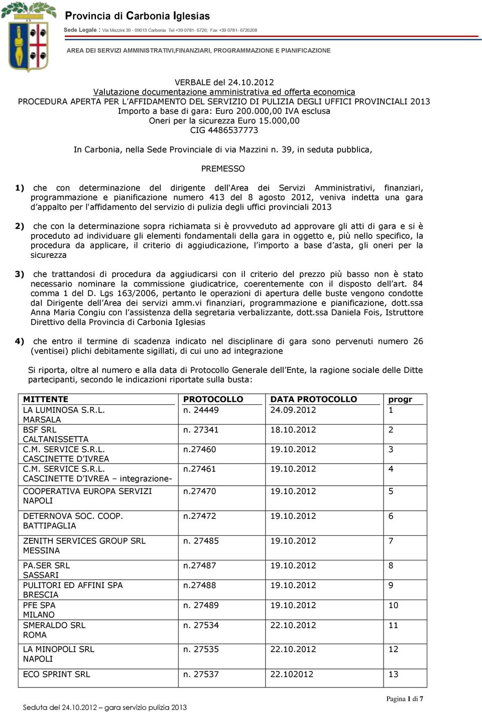 000,00 IVA esclusa Oneri per la sicurezza Euro 15.000,00 CIG 4486537773 In Carbonia, nella Sede Provinciale di via Mazzini n.