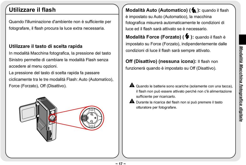 La pressione del tasto di scelta rapida fa passare ciclicamente tra le tre modalità Flash: Auto (Automatico), Force (Forzato), Off (Disattivo).