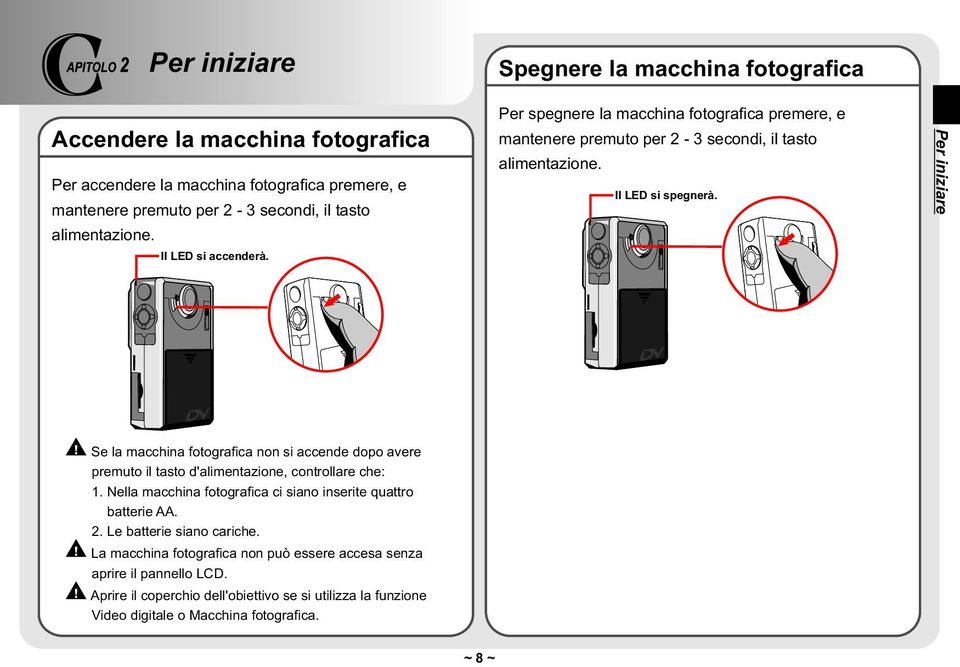 Per iniziare Se la macchina fotografica non si accende dopo avere premuto il tasto d'alimentazione, controllare che: 1.