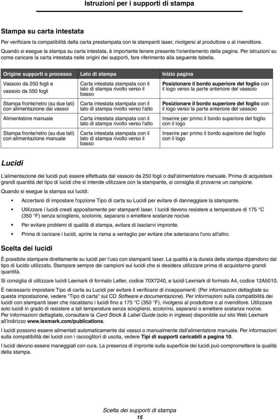 Per istruzioni su come caricare la carta intestata nelle origini dei supporti, fare riferimento alla seguente tabella.