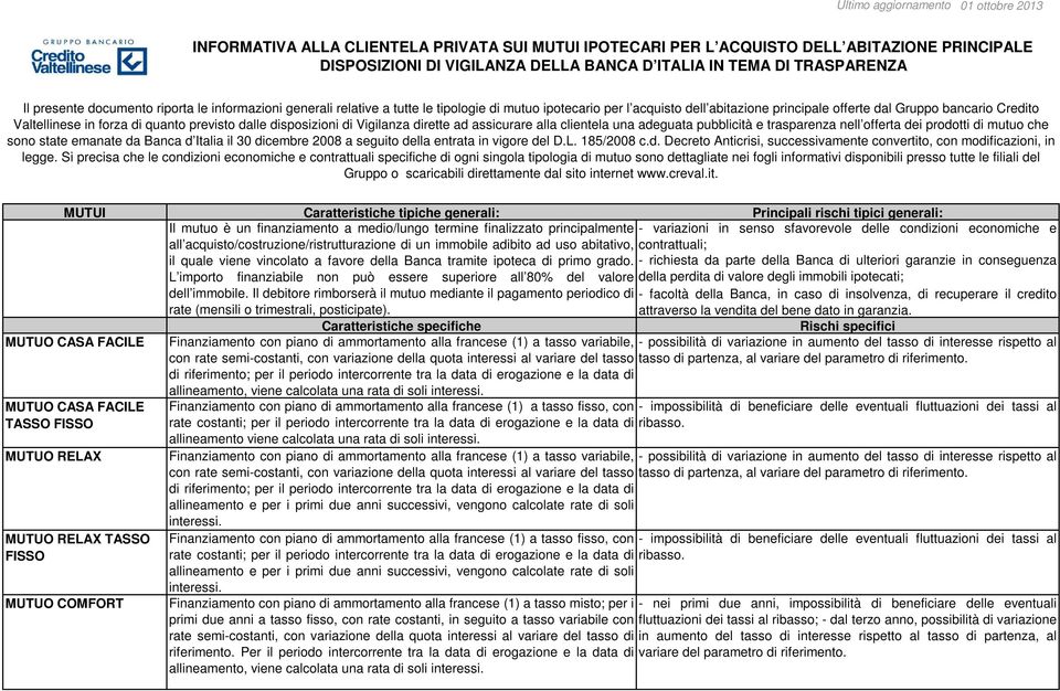 disposizioni di Vigilanza dirette ad assicurare alla clientela una adeguata pubblicità e trasparenza nell offerta dei prodotti di mutuo che sono state emanate da Banca d Italia il 30 dicembre 2008 a