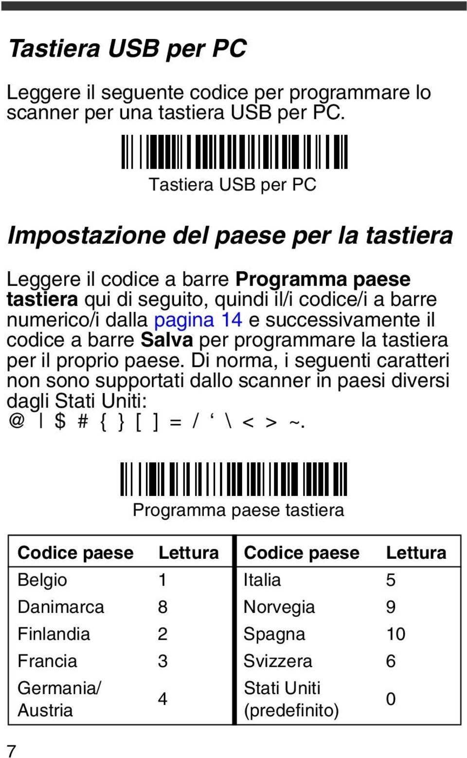 pagina 14 e successivamente il codice a barre Salva per programmare la tastiera per il proprio paese.