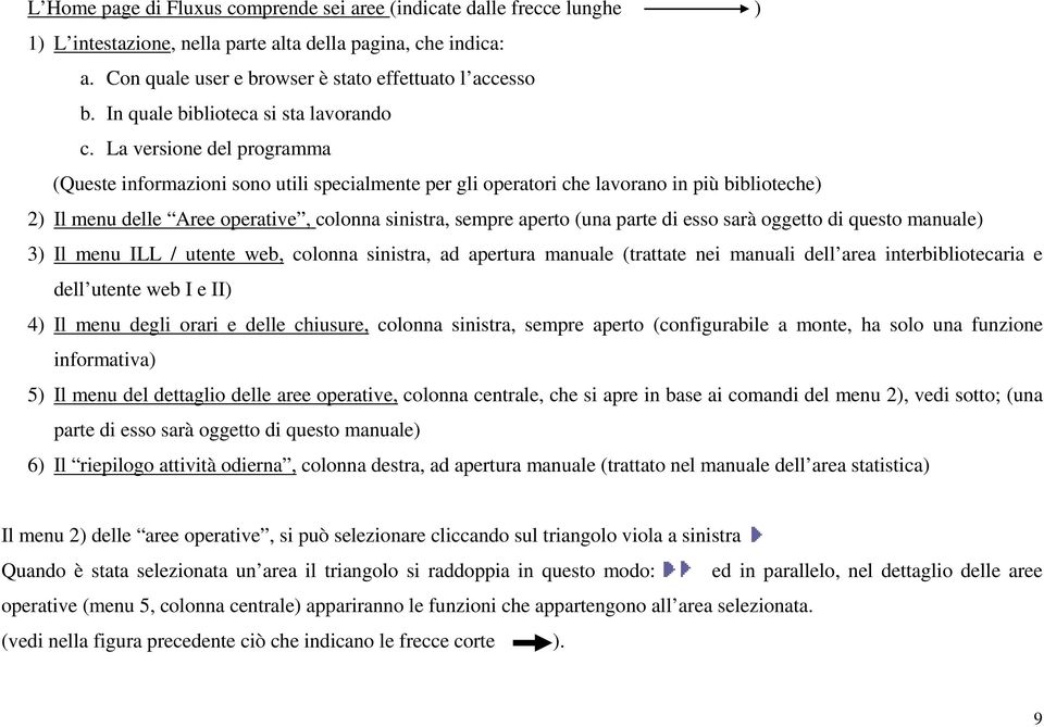 La versione del programma (Queste informazioni sono utili specialmente per gli operatori che lavorano in più biblioteche) 2) Il menu delle Aree operative, colonna sinistra, sempre aperto (una parte