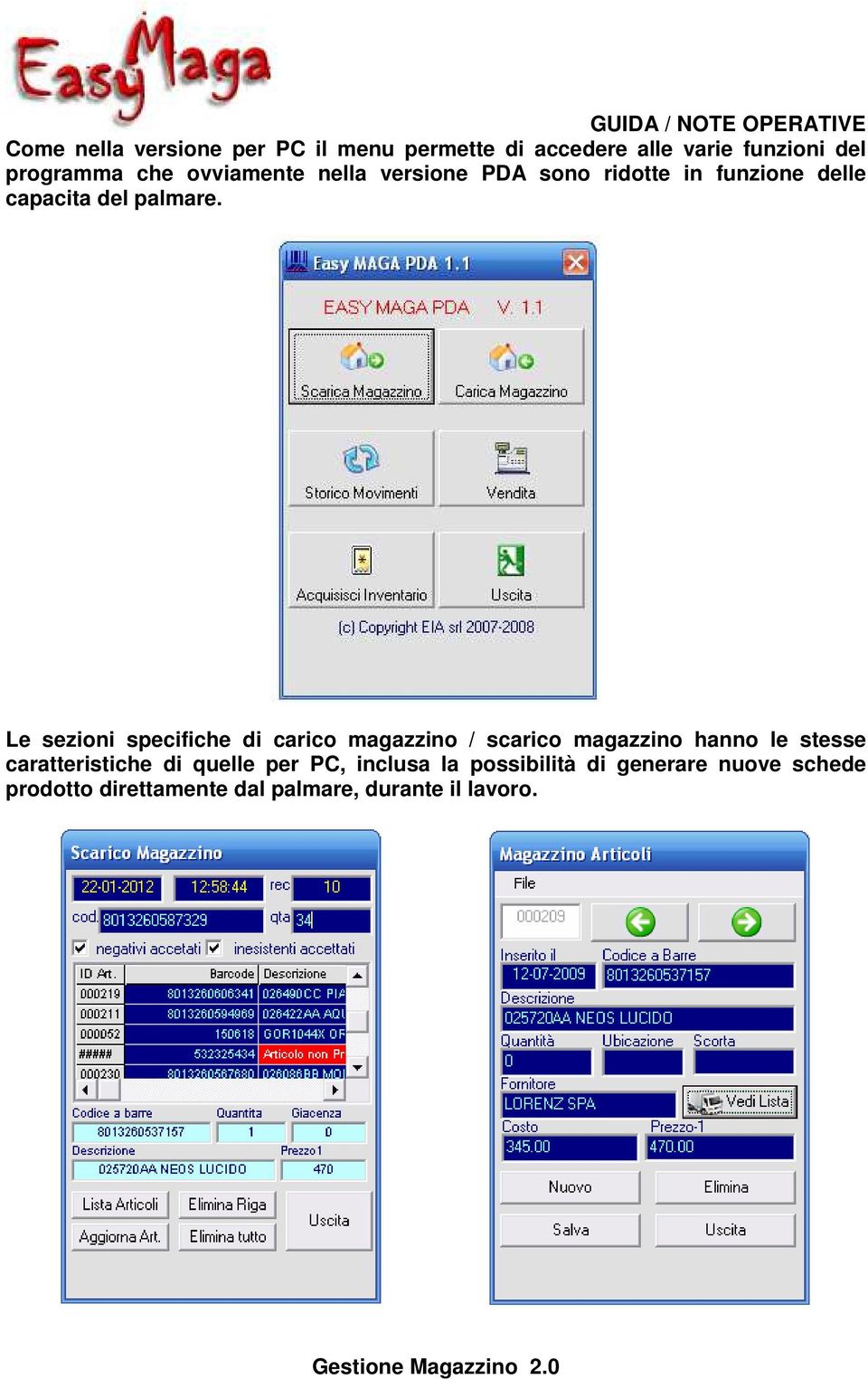 Le sezioni specifiche di carico magazzino / scarico magazzino hanno le stesse caratteristiche di