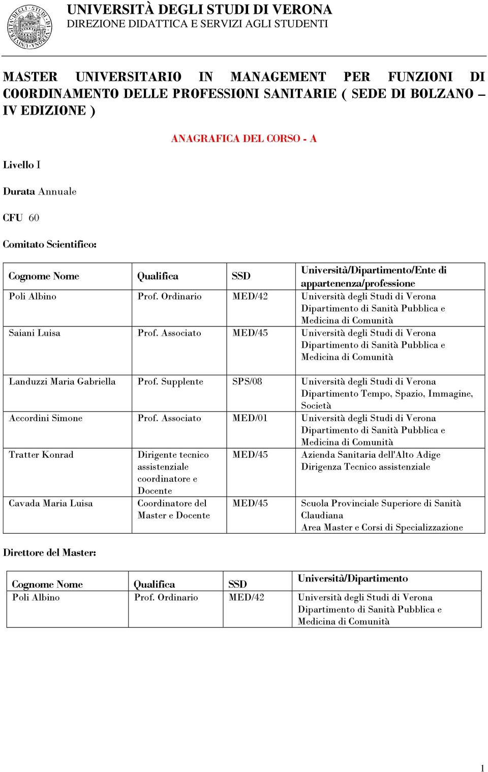 Ordinario 2 Università degli Studi di Verona Dipartimento di Sanità Pubblica e Medicina di Comunità Saiani Luisa Prof.