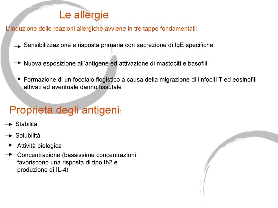 flogistico a causa della migrazione di linfociti T ed eosinofili attivati ed eventuale danno tissutale Proprietà degli antigeni: