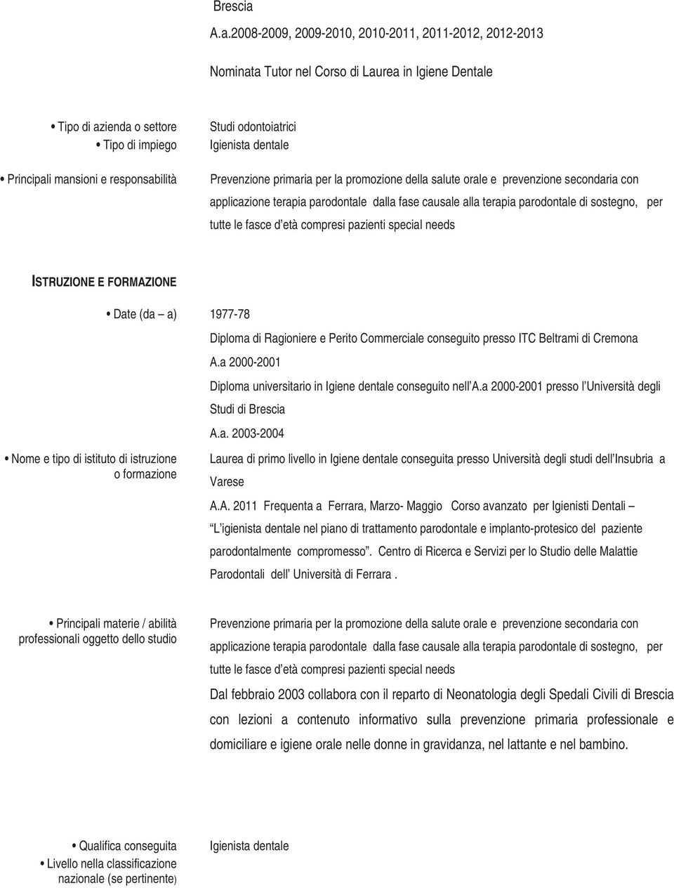 Principali mansioni e responsabilità Prevenzione primaria per la promozione della salute orale e prevenzione secondaria con applicazione terapia parodontale dalla fase causale alla terapia