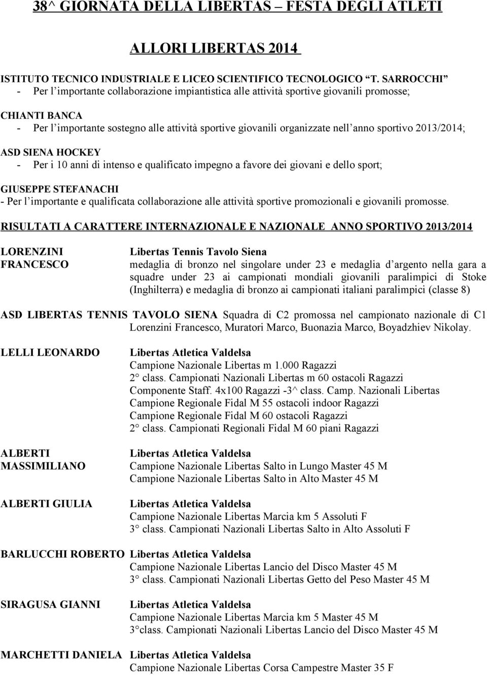 sportivo 2013/2014; ASD SIENA HOCKEY - Per i 10 anni di intenso e qualificato impegno a favore dei giovani e dello sport; GIUSEPPE STEFANACHI - Per l importante e qualificata collaborazione alle