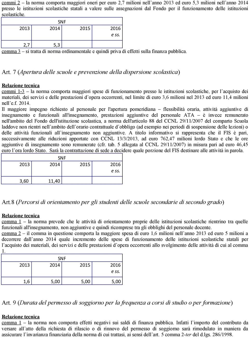 7 (Apertura delle scuole e prevenzione della dispersione scolastica) commi 1-3 la norma comporta maggiori spese di funzionamento presso le istituzioni scolastiche, per l acquisto dei materiali, dei