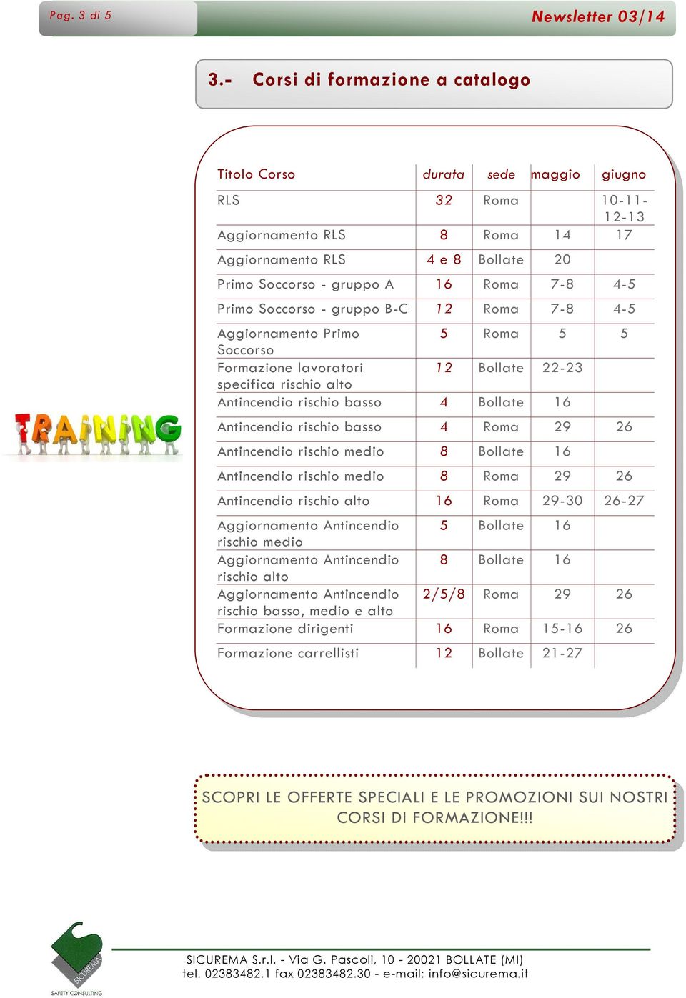 7-8 4-5 Primo Soccorso - gruppo B-C 12 Roma 7-8 4-5 Aggiornamento Primo 5 Roma 5 5 Soccorso Formazione lavoratori 12 Bollate 22-23 specifica rischio alto Antincendio rischio basso 4 Bollate 16