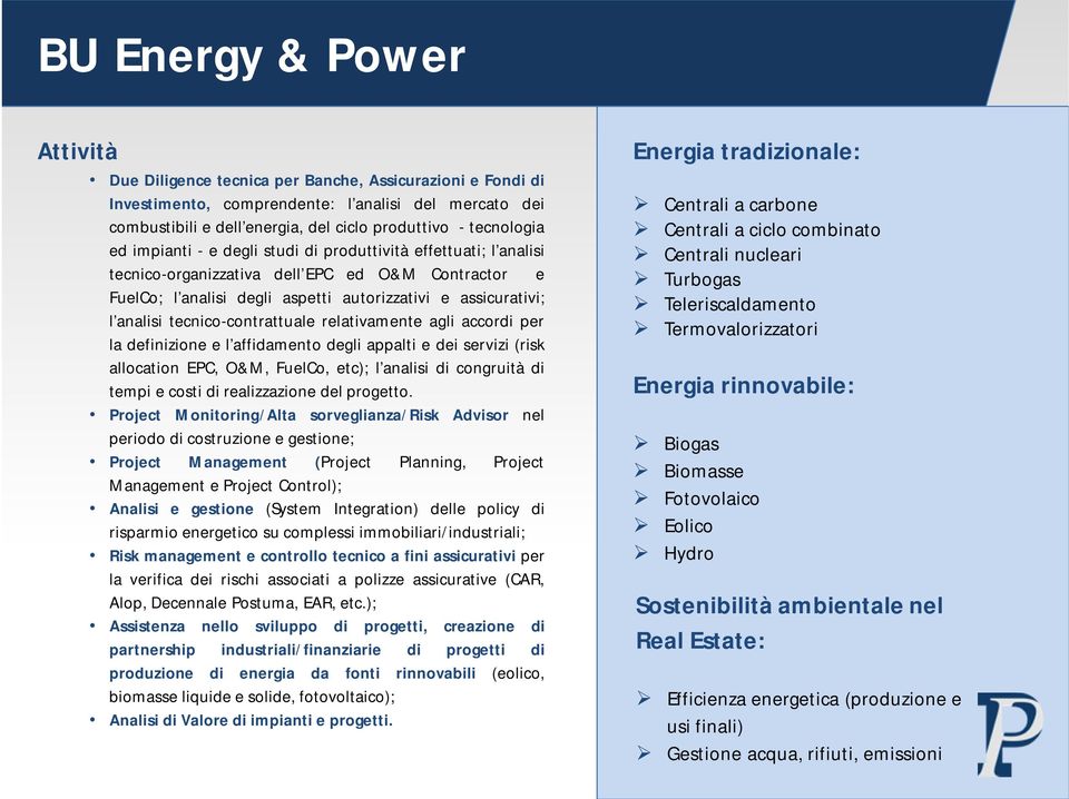 tecnico-contrattuale relativamente agli accordi per la definizione e l affidamento degli appalti e dei servizi (risk allocation EPC, O&M, FuelCo, etc); l analisi di congruità di tempi e costi di