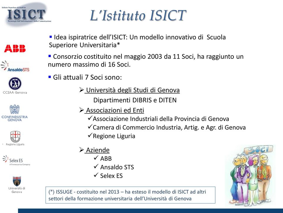 Gli attuali 7 Soci sono: Università degli Studi di Genova Dipartimenti DIBRIS e DITEN Associazioni ed Enti Associazione Industriali della Provincia