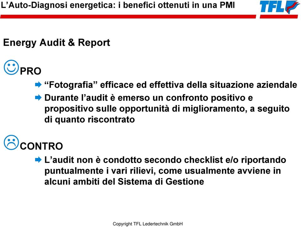 miglioramento, a seguito di quanto riscontrato CONTRO L audit non è condotto secondo