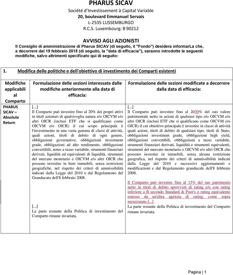 Modifica delle politiche e dell'obiettivo di investimento dei Comparti esistenti Modifiche applicabili al Comparto PHARUS SICAV Absolute Return Formulazione delle sezioni interessate dalle modifiche