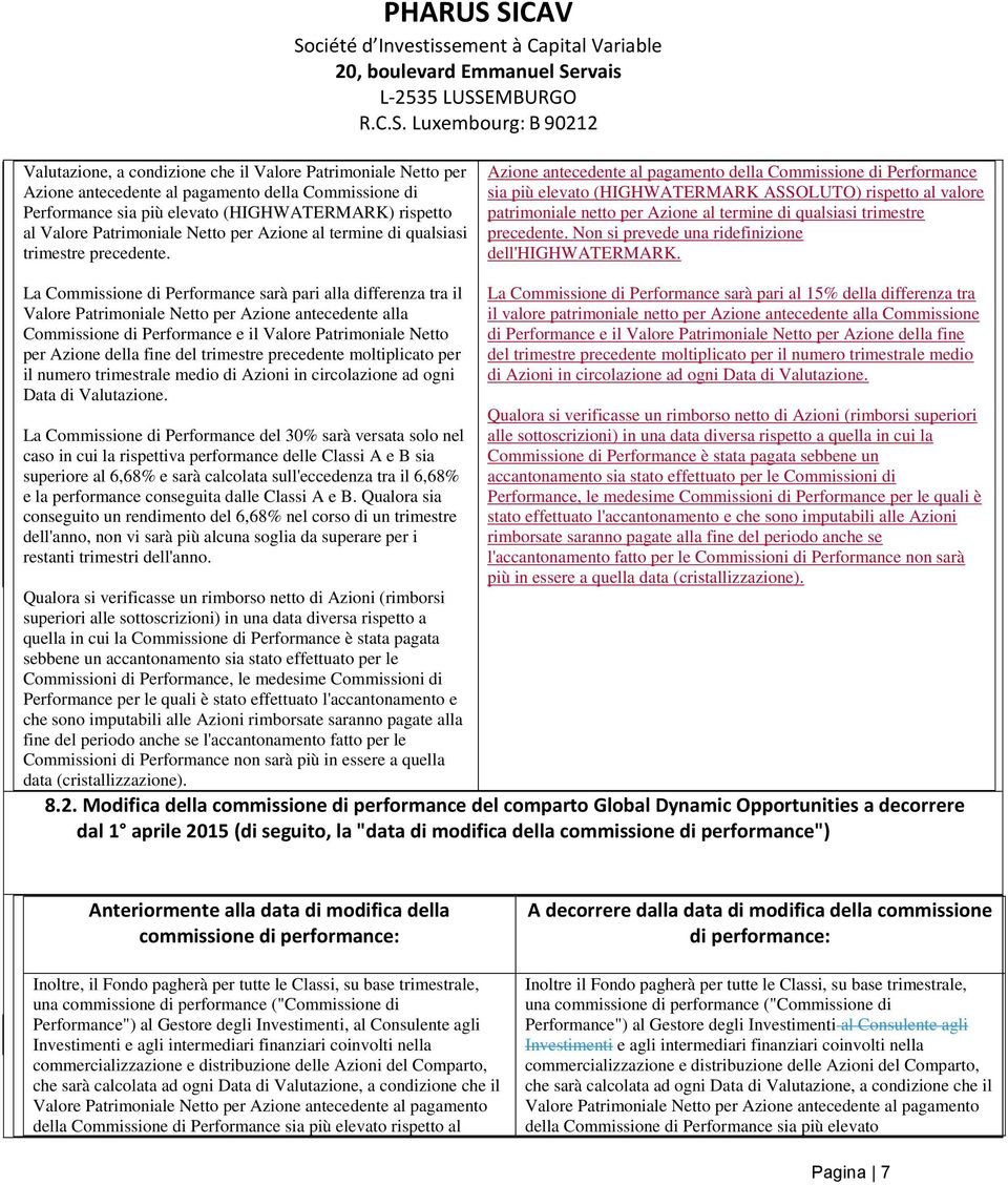 Azione antecedente al pagamento della Commissione di Performance sia più elevato (HIGHWATERMARK ASSOLUTO) rispetto al valore patrimoniale netto  Non si prevede una ridefinizione dell'highwatermark.