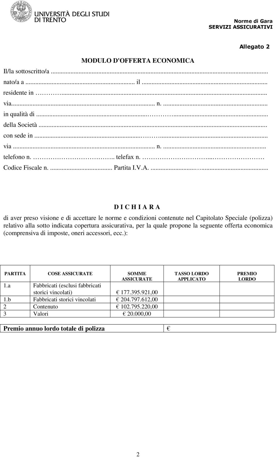 ...... D I C H I A R A di aver preso visione e di accettare le norme e condizioni contenute nel Capitolato Speciale (polizza) relativo alla sotto indicata copertura assicurativa, per la quale propone