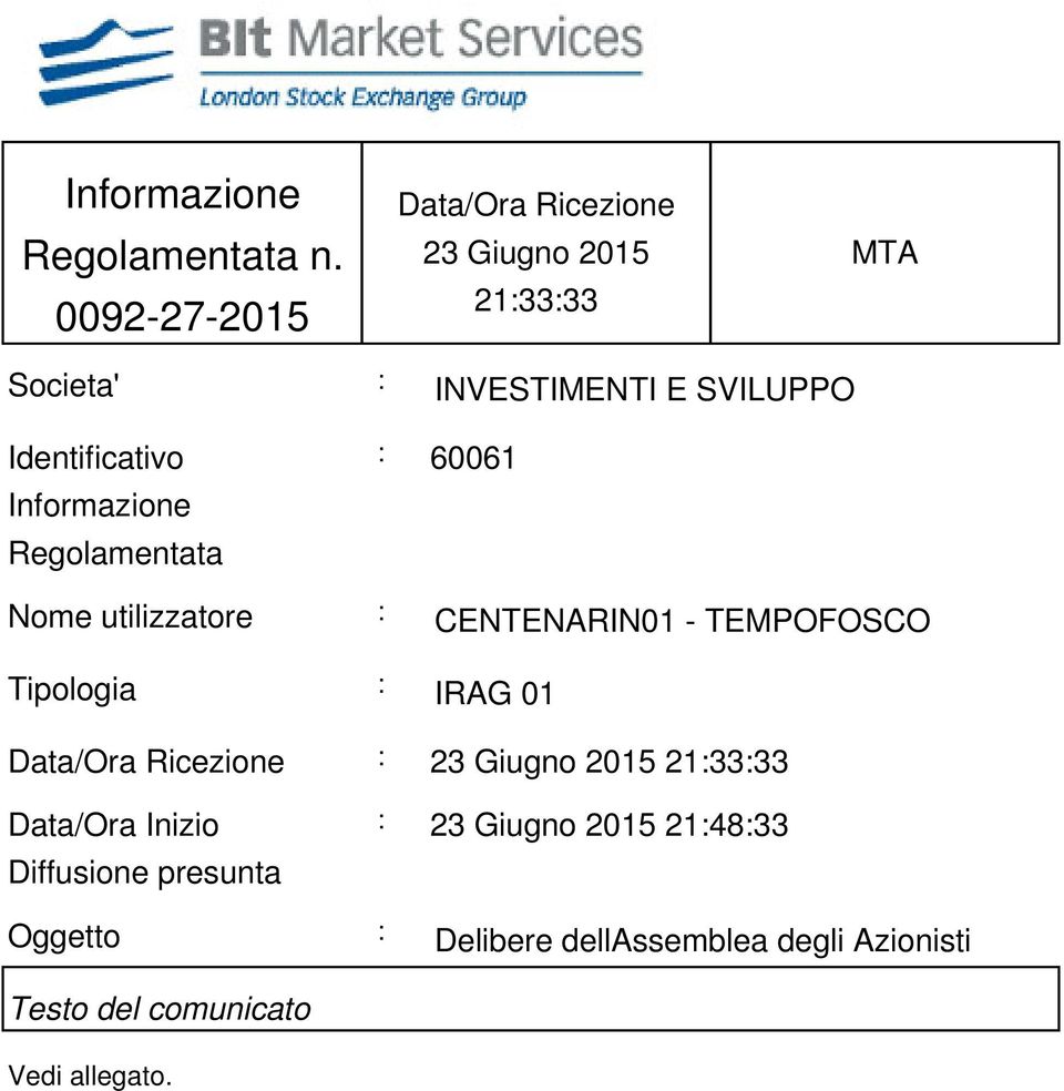 Identificativo Informazione Regolamentata : 60061 Nome utilizzatore : CENTENARIN01 - TEMPOFOSCO Tipologia :